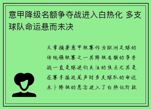 意甲降级名额争夺战进入白热化 多支球队命运悬而未决